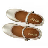 Pair of silver flats with brown soles on a white background