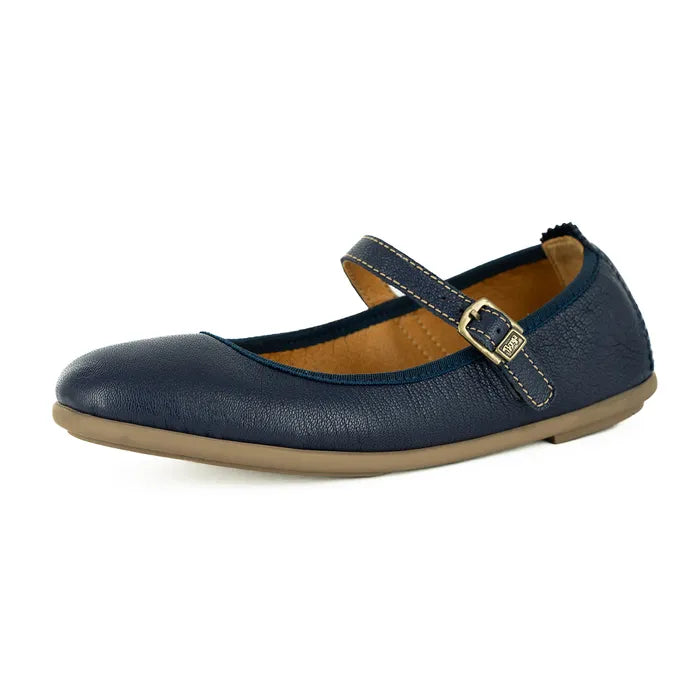 Navy blue pump with a strap and buckle on a white background