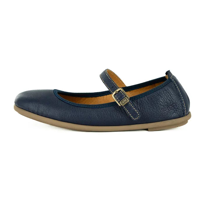 Navy blue pump with a strap on a white background
