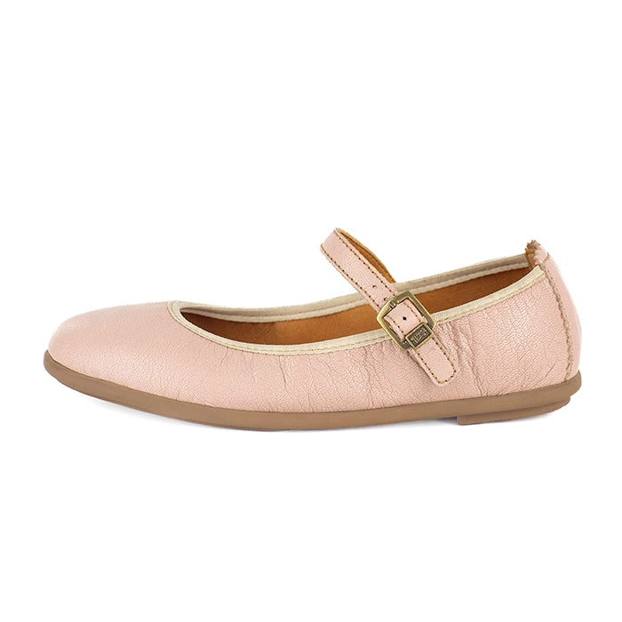 Light pink pump with a strap on a white background