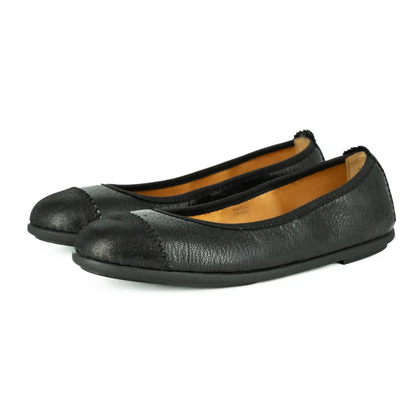 Pair of black leather flats on a white background