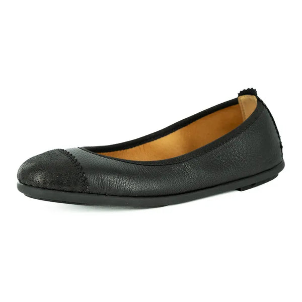 Black cap-toe ballet flat shoe on a white background