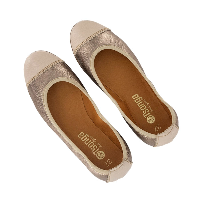 Pair of beige flat shoes with 'Tsonga' branding on a white background