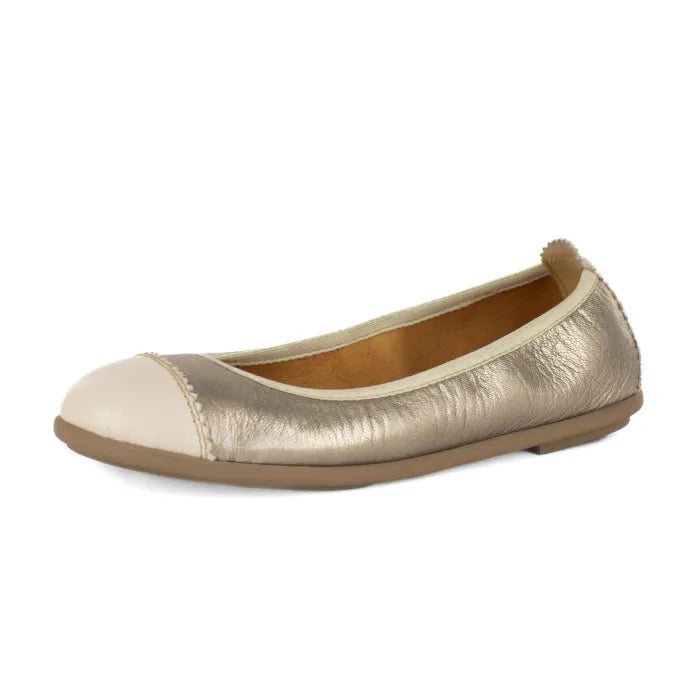 Gold and beige ballet flat shoe on a white background