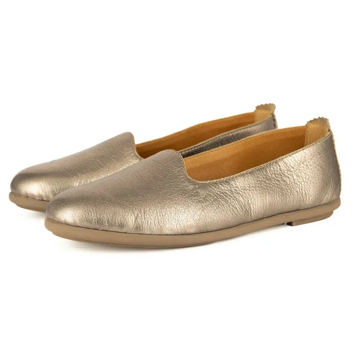 Pair of metallic gold pumps on a white background