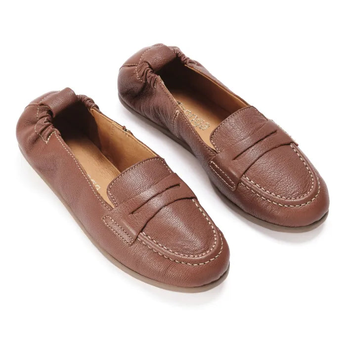 Pair of brown loafers on a white background