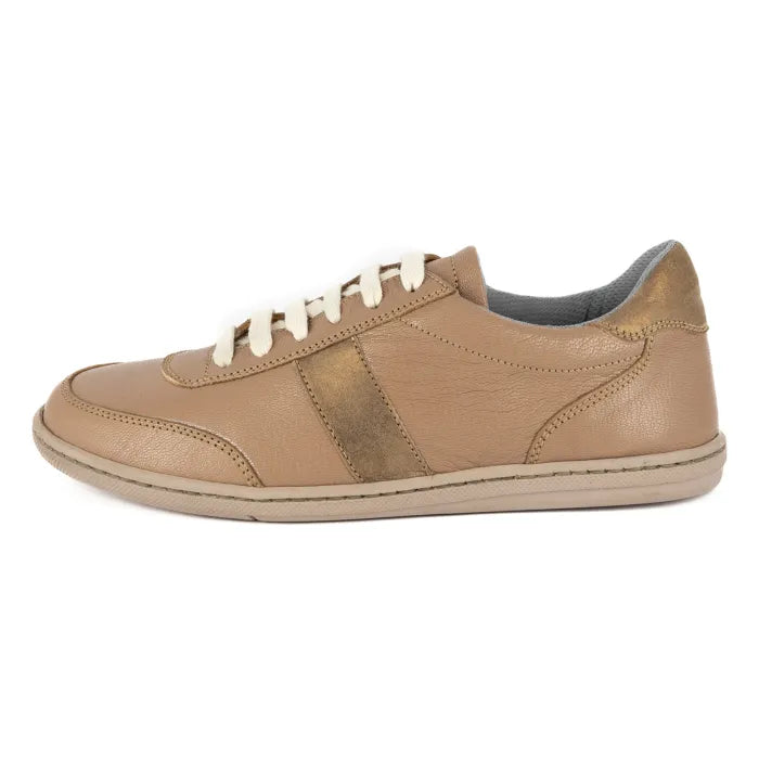 Beige sneaker with white laces on a white background