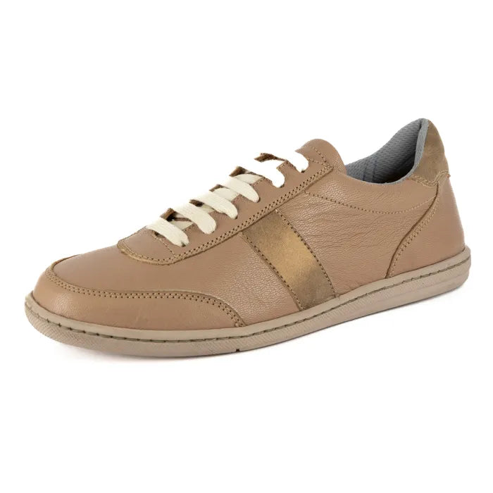 Beige sneaker with white laces on a white background
