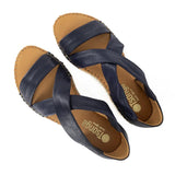 Pair of navy sandals with brown soles on a white background