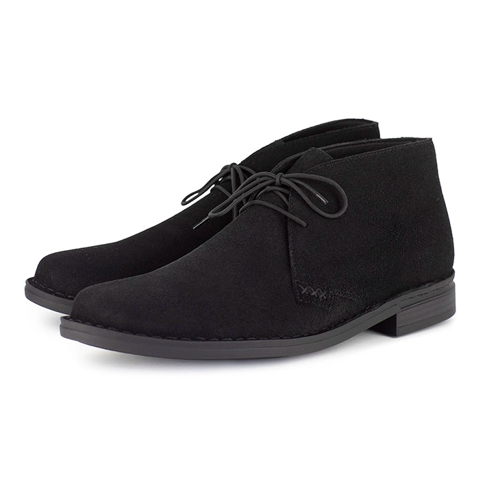 Pair of black suede shoes on a white background