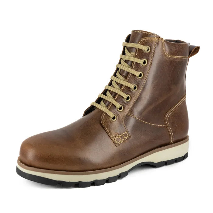 Brown leather boot with beige laces on a white background