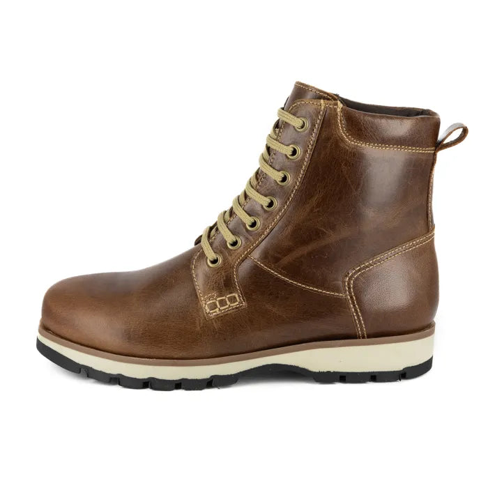 Brown leather boot with laces on a white background