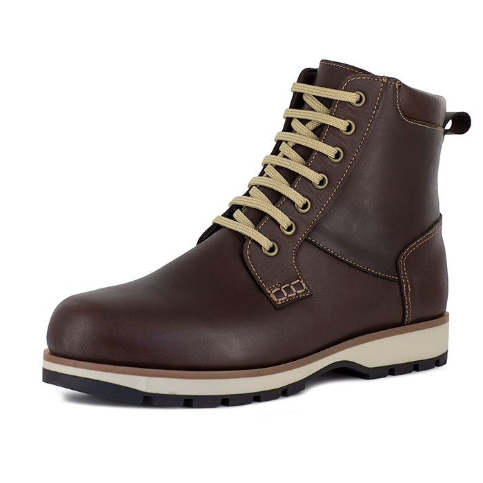 Brown leather boot with beige laces on a white background