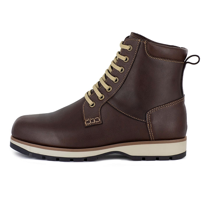 Brown leather boot with beige laces on a white background