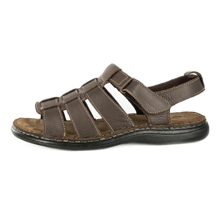 Brown sandal with multiple straps on a white background