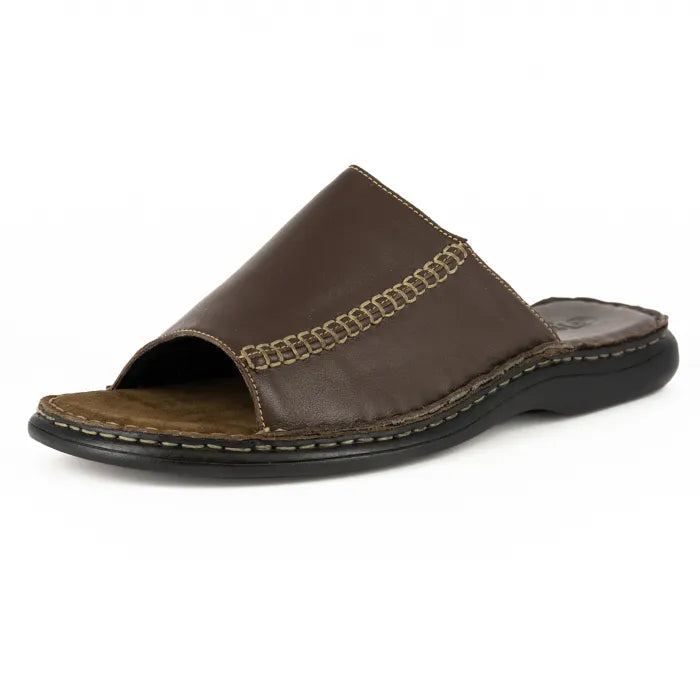 Brown sandal with a chain stitch detail on a white background