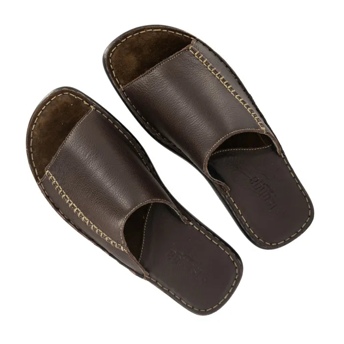 A pair of dark brown leather slide sandals with contrast stitching, shown from a top-down angle on a white background.