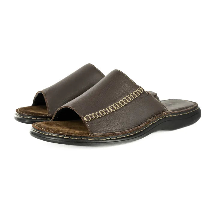 A pair of dark brown leather slide sandals with decorative stitching on the straps, displayed against a plain white background.