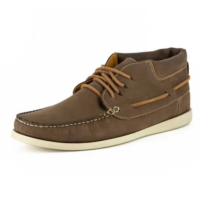 Brown leather shoe with off-white sole on a white background