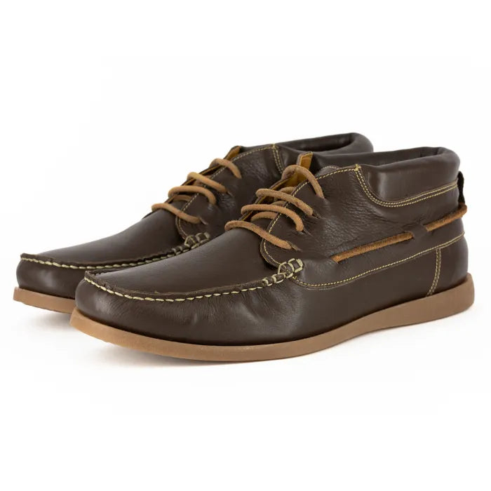 Pair of brown leather shoes with brown laces on a white background