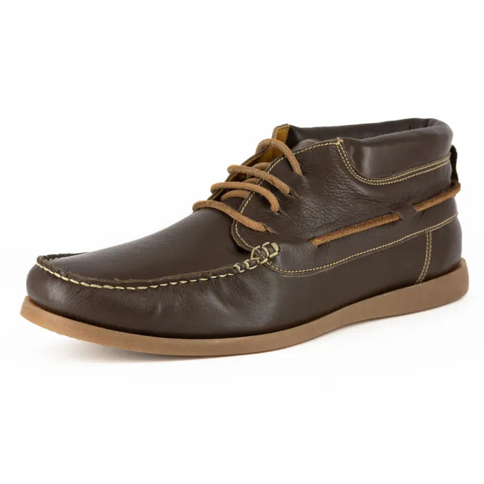 Brown leather shoe with tan laces on a white background