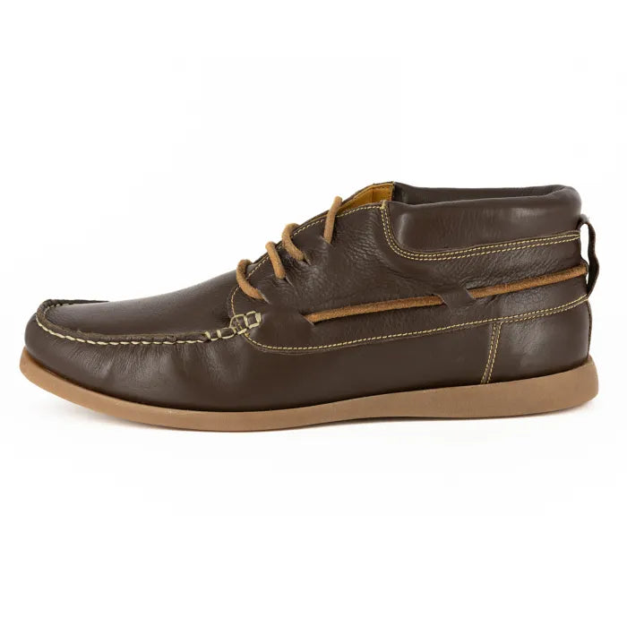 Brown leather shoe with tan laces on a white background
