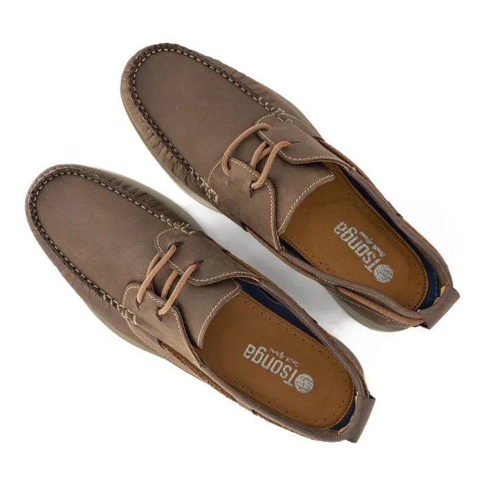 Pair of brown leather shoes with laces on a white background