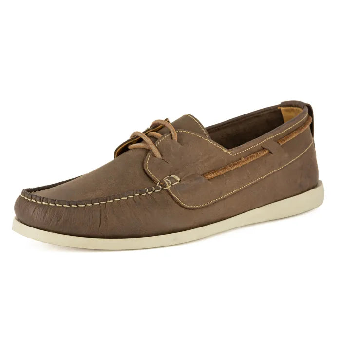 Brown leather boat shoe on a white background