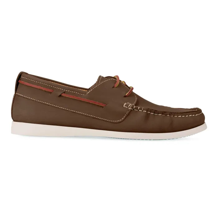 Brown boat shoe with white sole on a white background