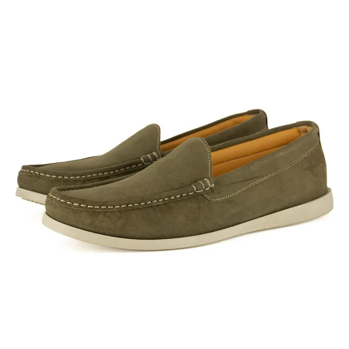Pair of green loafers on a white background