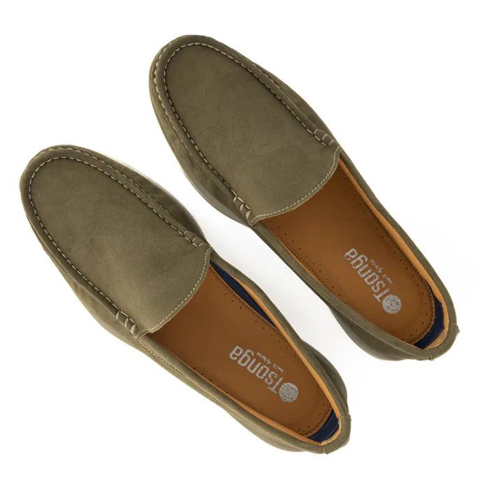Pair of green loafers with 'Tsonga' branding on a white background