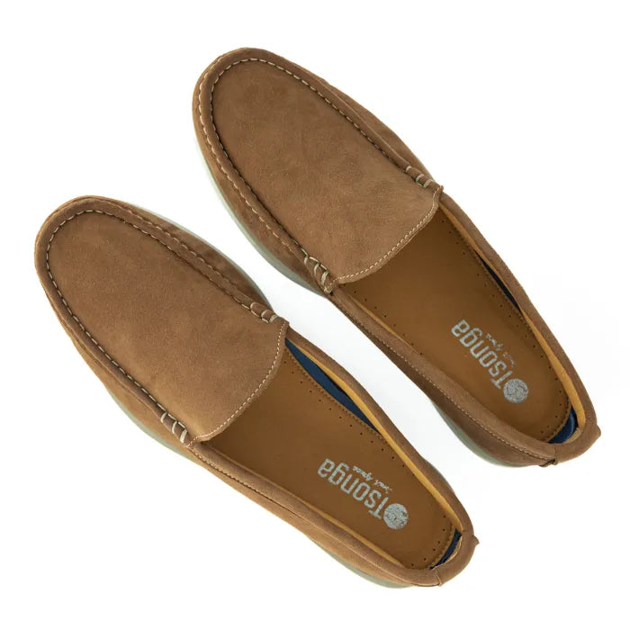 Pair of brown loafers with 'Tsonga' branding on a white background