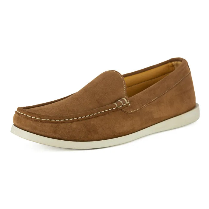 Brown suede loafer shoe on a white background
