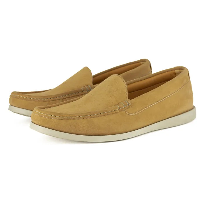 Pair of tan loafers on a white background