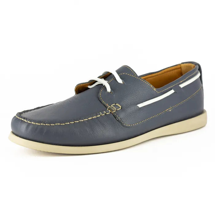 Blue leather boat shoe with white laces on a white background
