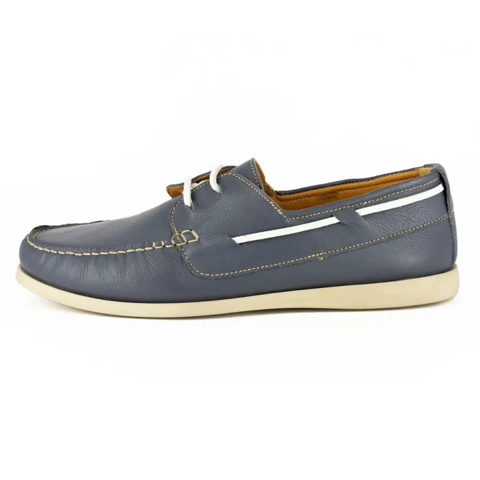 Blue leather boat shoe on a white background