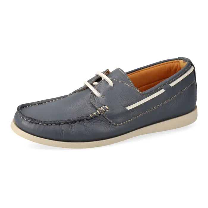 Blue leather boat shoe on a white background