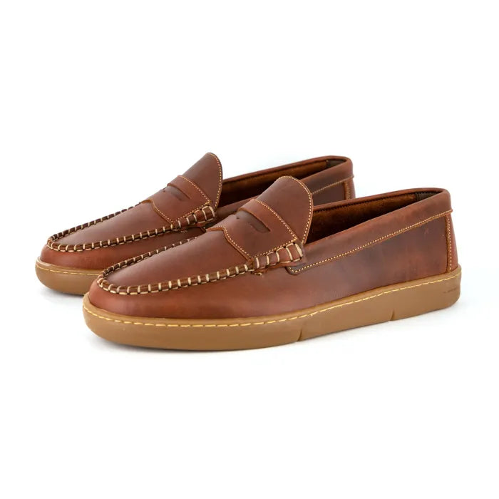 Pair of brown loafers on a white background