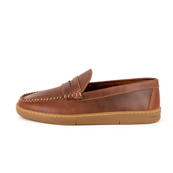Brown leather loafer shoe on a white background