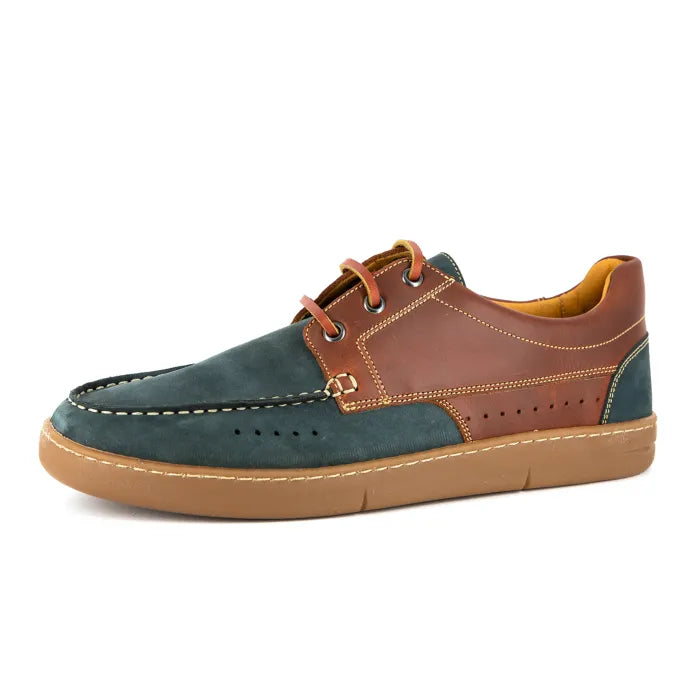 Multicolored shoe with brown and blue accents on a white background