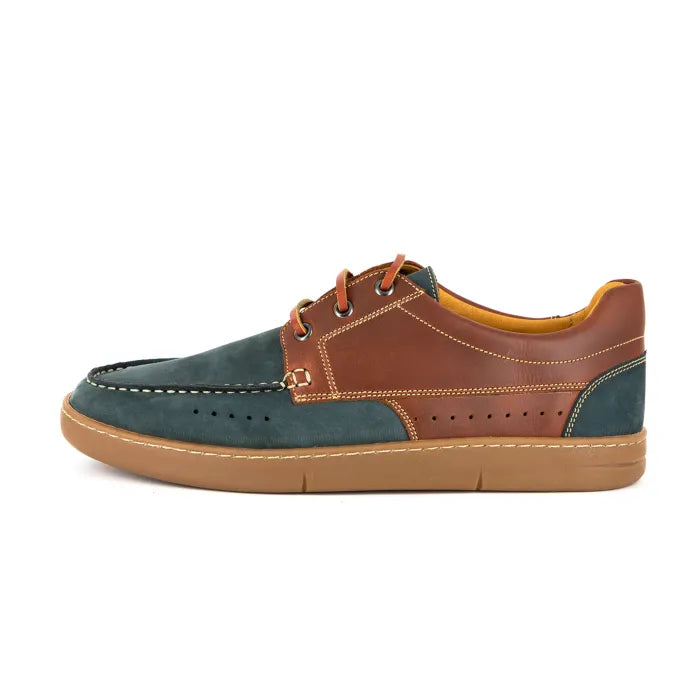 Multicolored sneaker with brown and blue accents on a white background