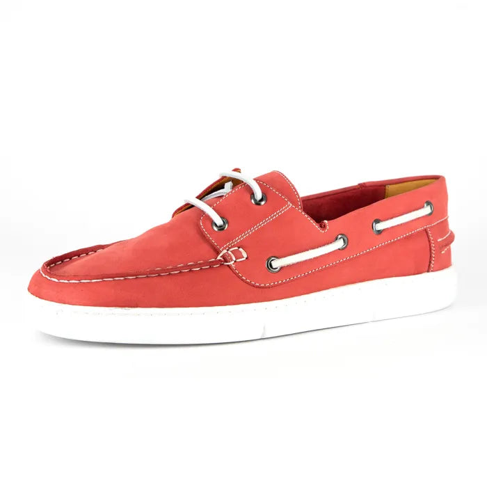Red boat shoe with white laces on a white background