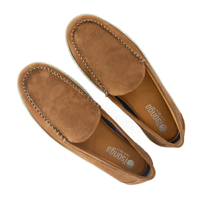 Pair of brown suede shoes with 'Tsonga' branding on a white background