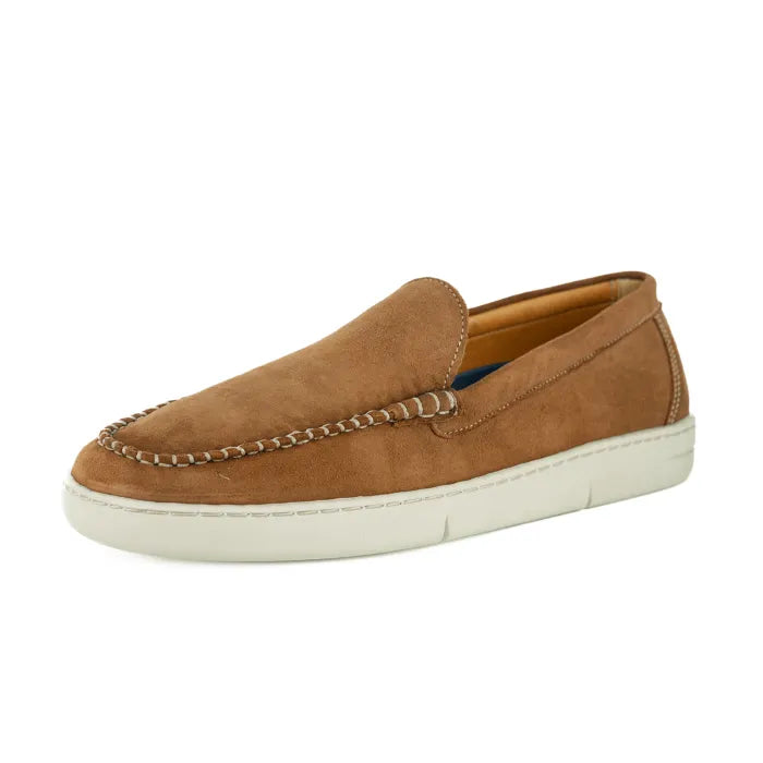 Brown suede loafer shoe on a white background
