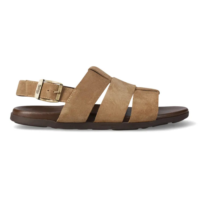 A single tan suede-like sandal with wide crisscross straps, an adjustable ankle strap, and a dark brown sole, shown in side profile on a white background.