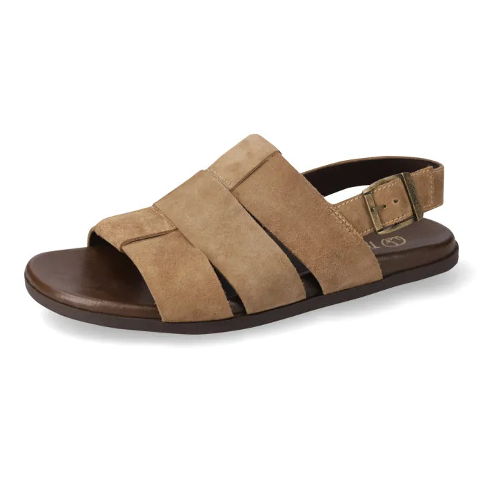 A men's minimalist sandal featuring wide, woven tan suede-like straps over a dark brown footbed and sole, with an adjustable ankle strap and metal buckle.