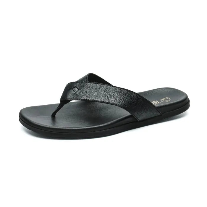 A single black thong sandal with a textured strap and a contoured footbed, shown from a side angle on a white background.