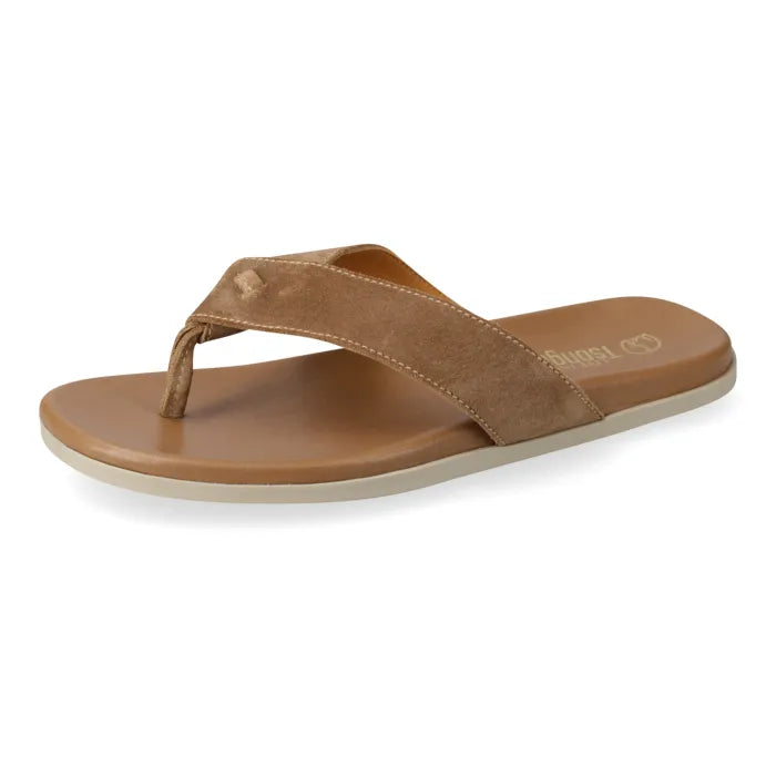 A single brown thong sandal with a suede upper strap and a contoured footbed, shown from a side profile on a white background.