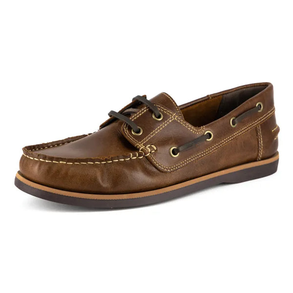 Brown leather boat shoe on a white background