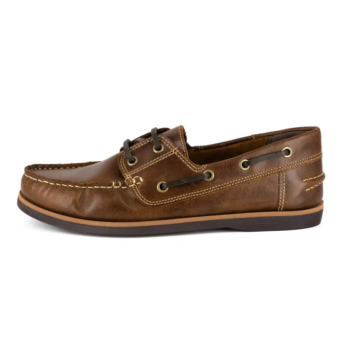 Brown leather boat shoe on a white background